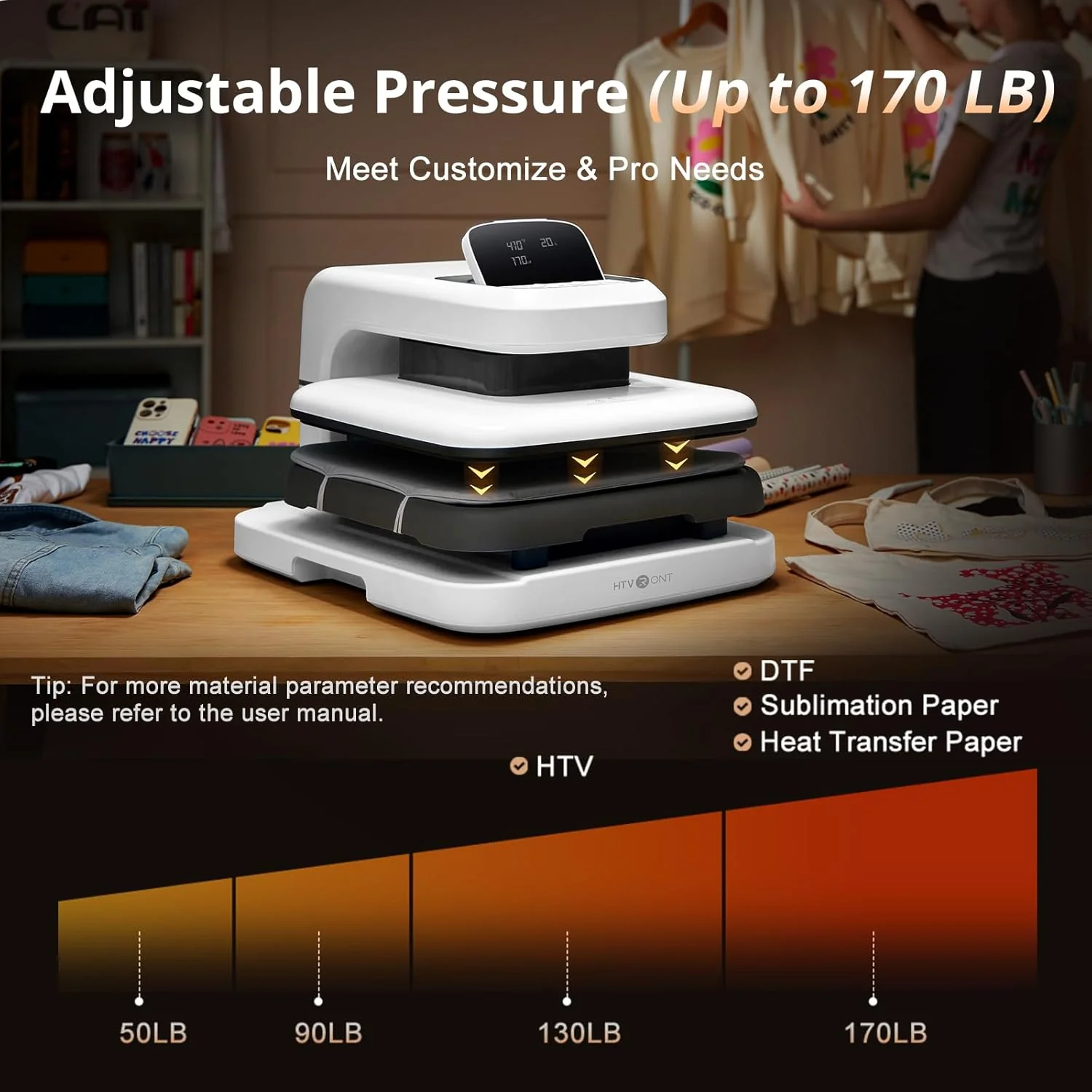 HTVRONT Auto Heat Press 2 - Digit 230V,Your Smartest Solution of Heat Transferring.For DTF,HTV,Sublimation,PUFF.For DIY T shirt,hat,jacket,pillow,ceramic,hoodie, and more - Image 13